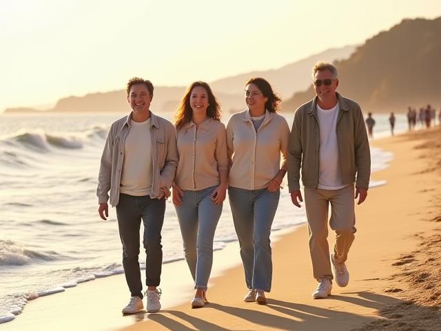 해변을 걷는 활기찬 시니어 커플