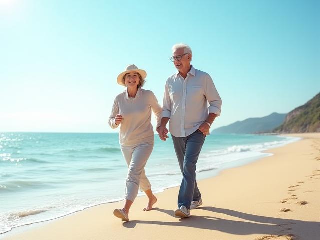 해변을 활기차게 걷는 중년 부부